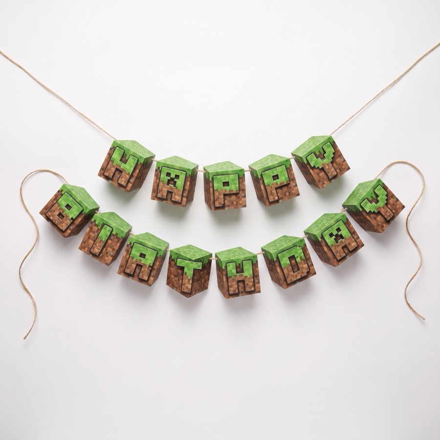 Minecraft birthday banner and garland, in stock in store
