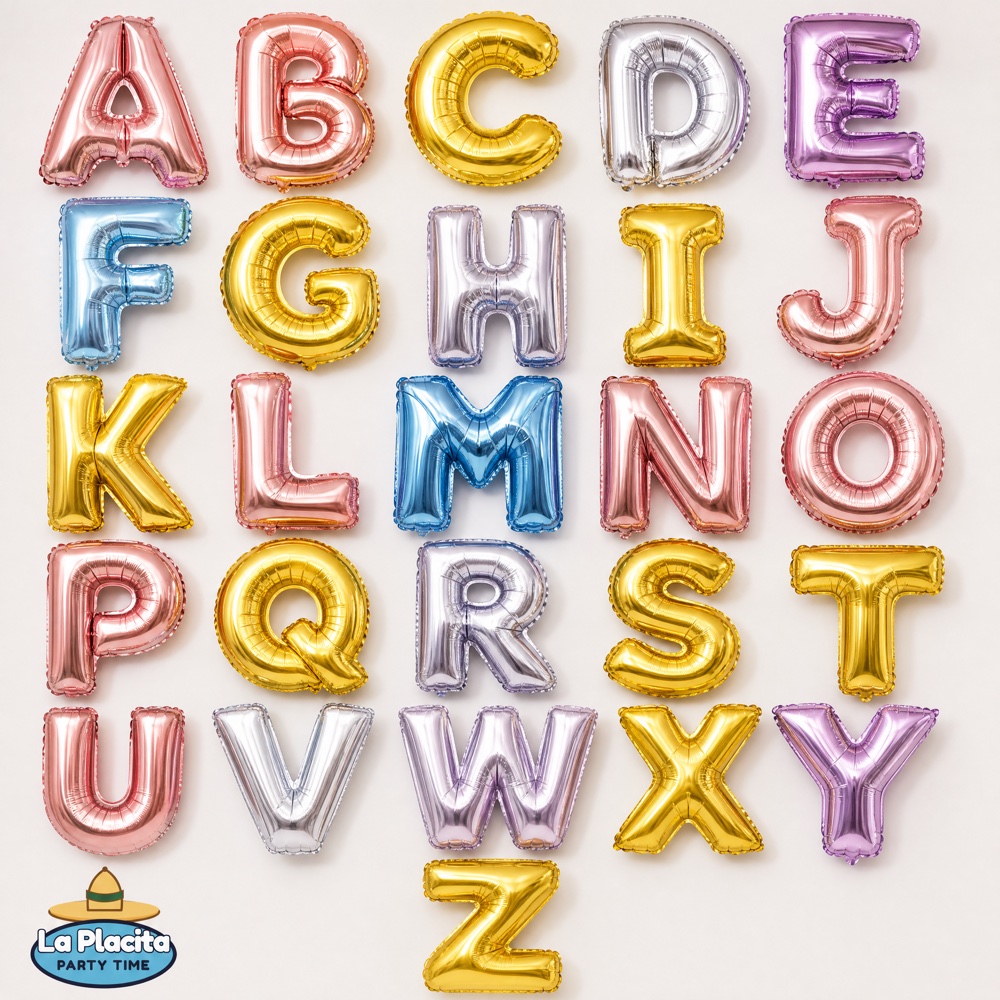 Gold, silver, pink and blue foil letter balloons A through Z