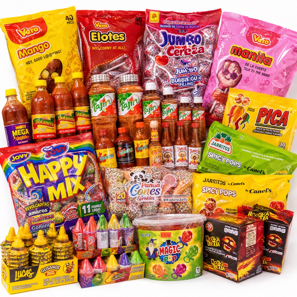 Assorted Mexican candy, lollipops and spicy treats including Vero, Jarritos Spicy Pops, Happy Mix and Lucas Gusanos