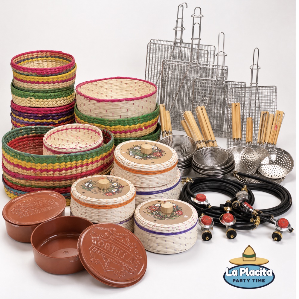 Mexican cooking essentials — woven and clay tortilla warmers, wire comal baskets, skimmers, and stove gas hoses