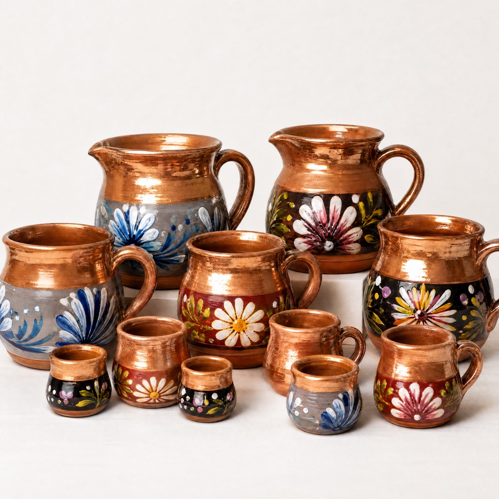 Hand-painted Mexican copper-glaze clay pitchers and cups