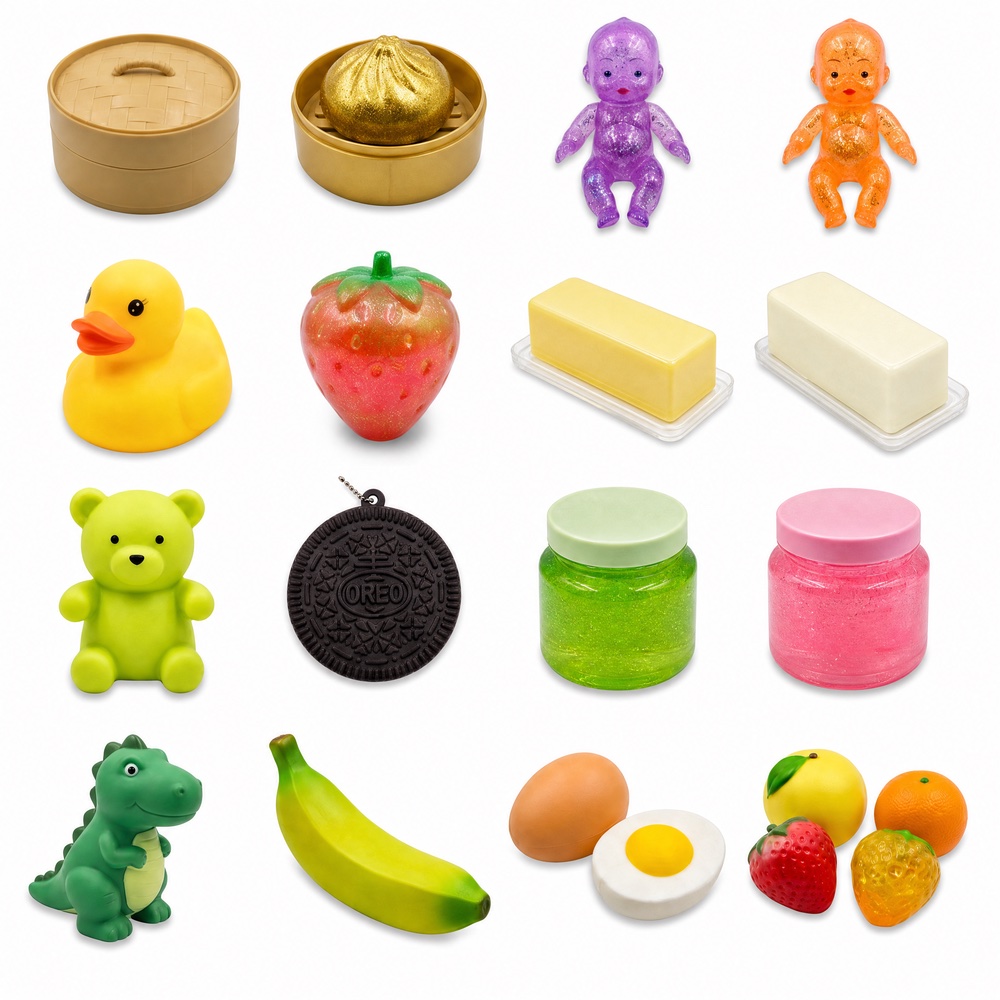 Squishy toys — dim sum bun, fruit, animals, and food-shaped squishies