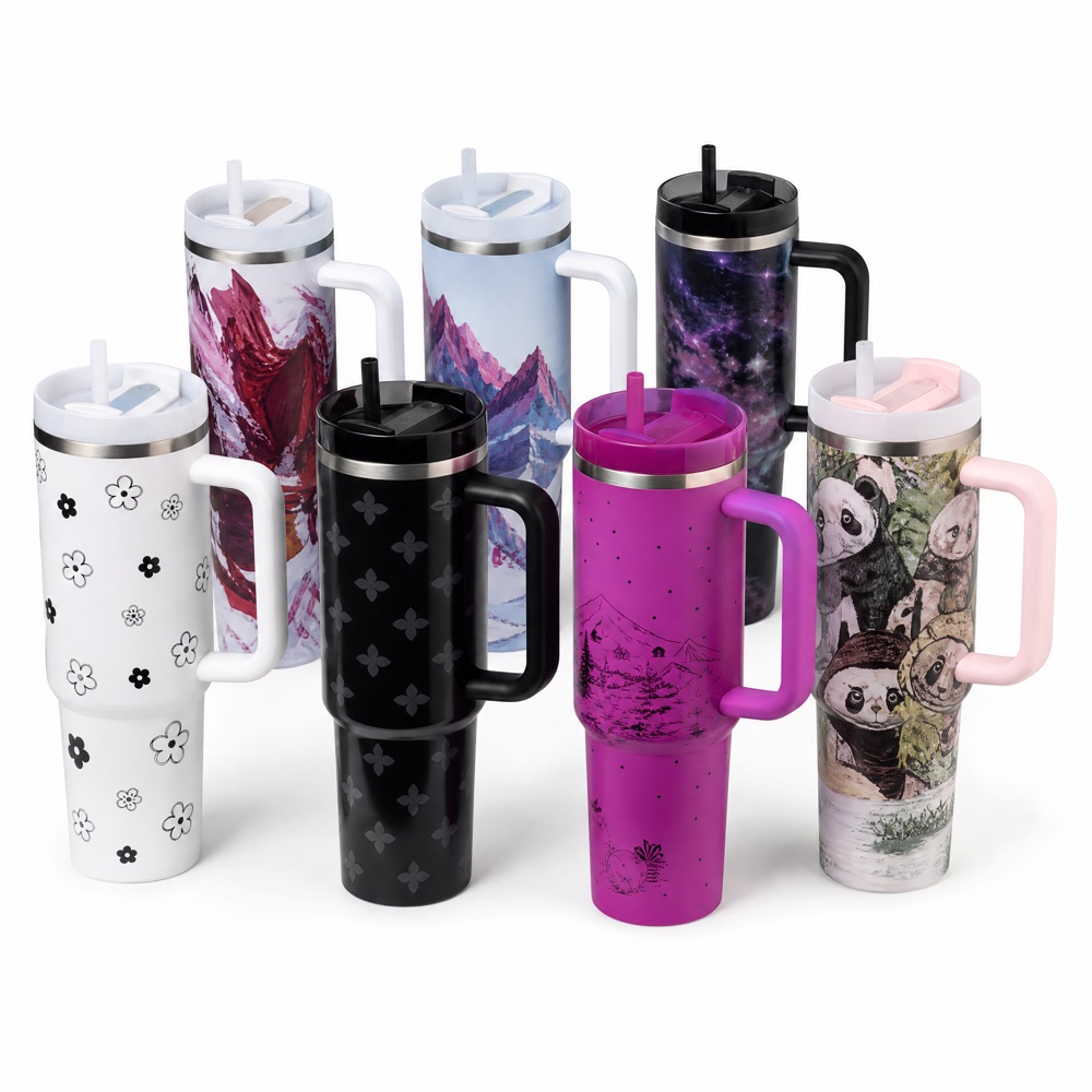 Insulated stainless steel tumbler cups in assorted colors and prints