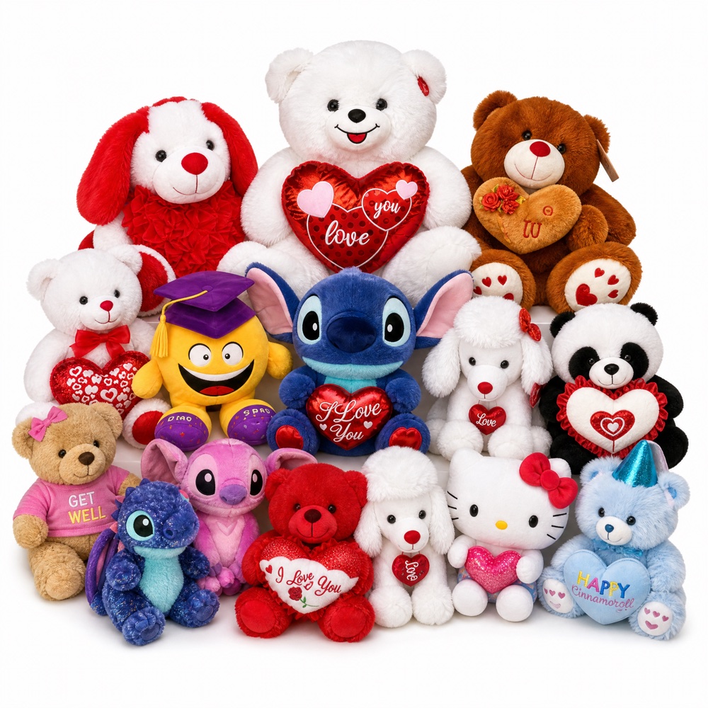 Assorted stuffed animals including bears, a poodle and character plushies