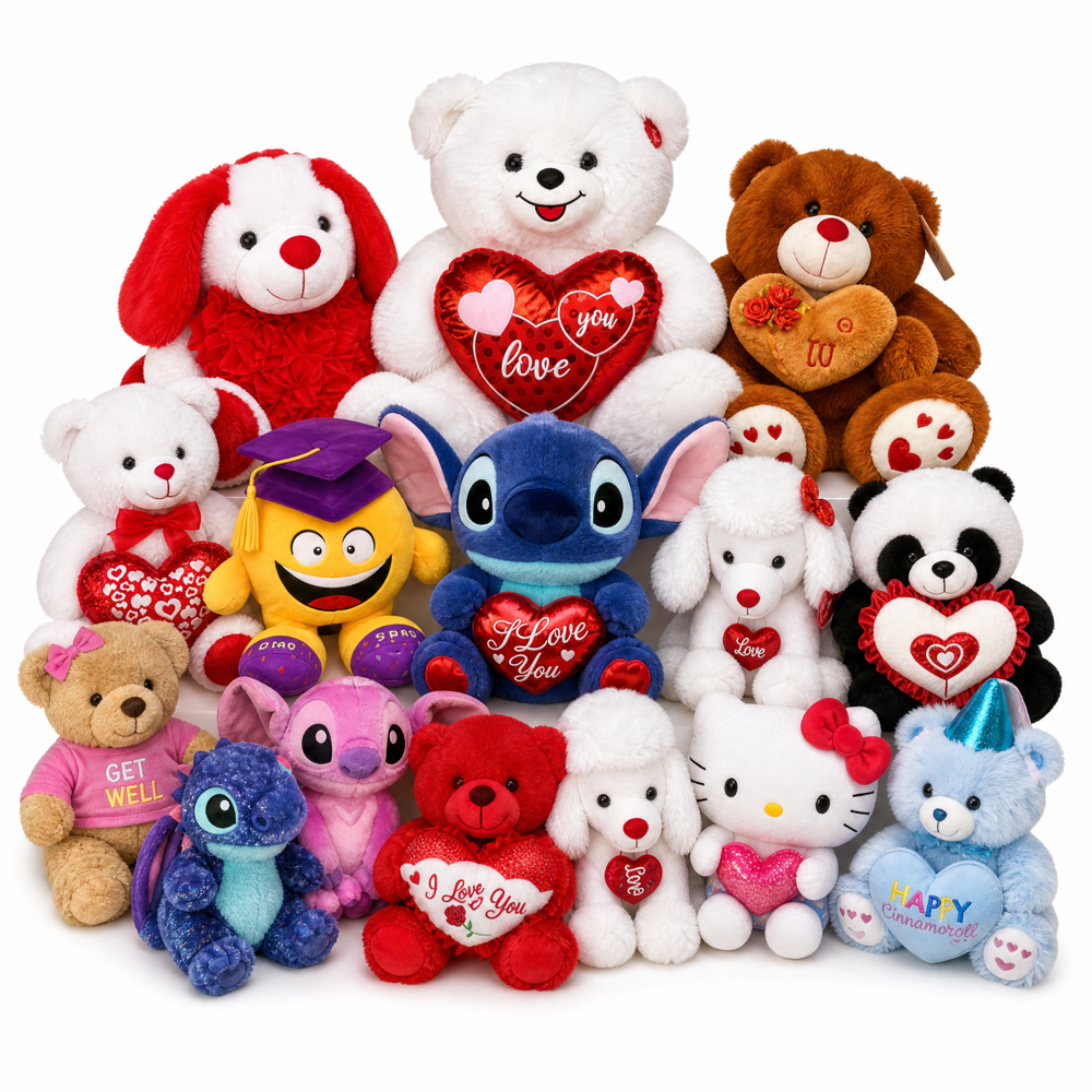Peluches variados, incluyendo osos, un caniche y personajes