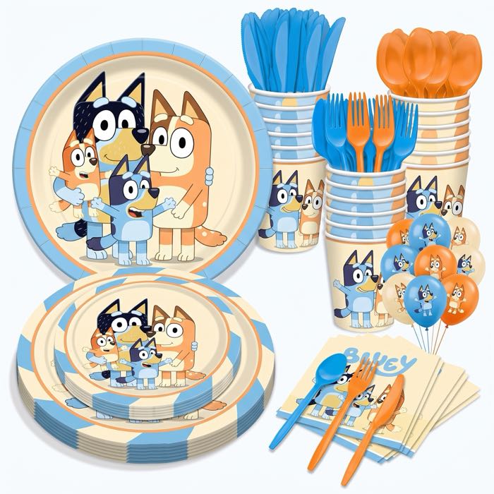 Bluey themed balloons, plates, cups and napkins, in stock in store