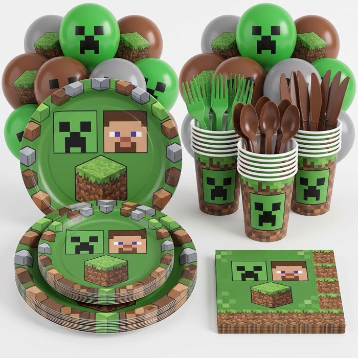 Minecraft themed balloons, plates, cups and napkins, in stock in store