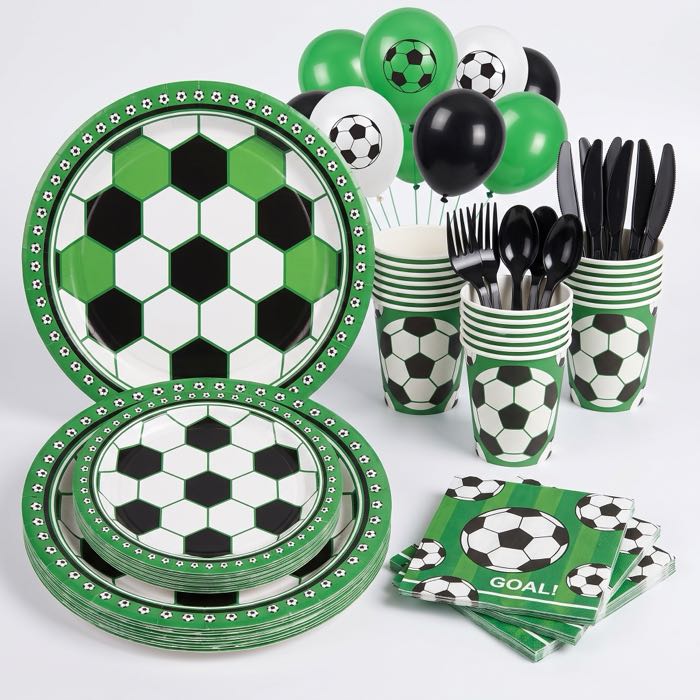 Soccer themed balloons, plates, cups and napkins, in stock in store