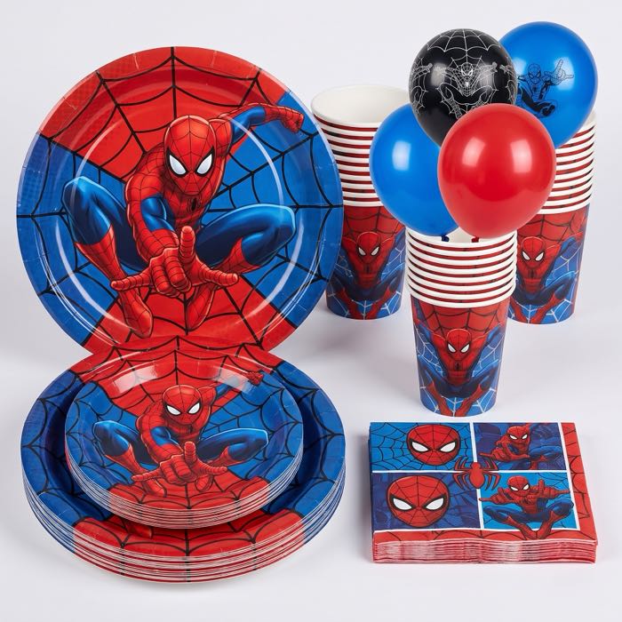 Spider-Man themed balloons, plates, cups and napkins, in stock in store